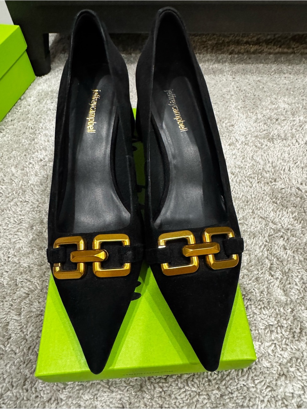 Jeffrey Campbell Black Pointed Pumps with Gold Chain Hardware